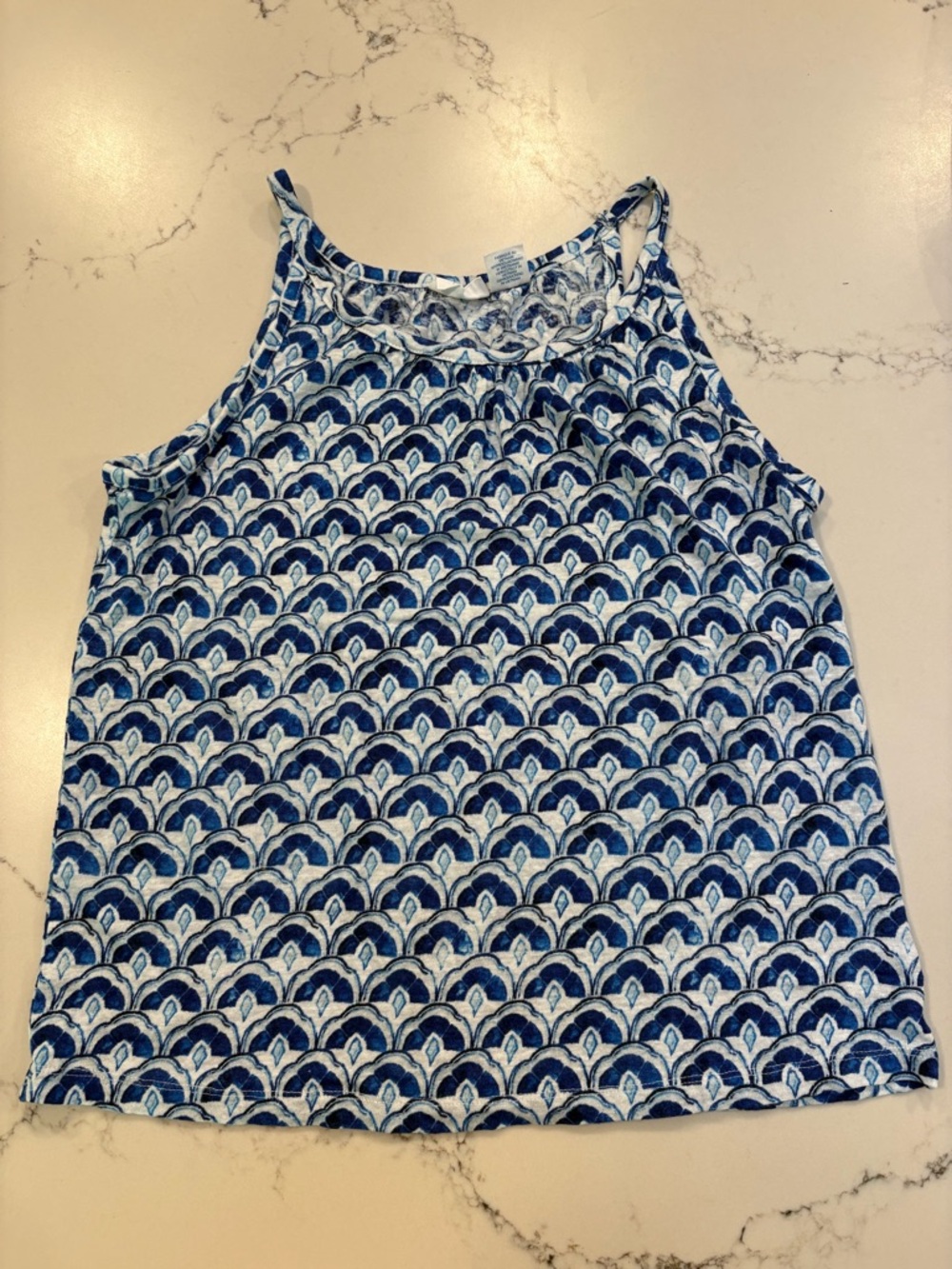 Sigrid Olsen 100% linen white blue scallop pattern tank top beach boho coastal